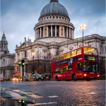 Atmospheric London street photography print with St Paul’s Cathedral, dusk colour and a red bus, used to illustrate Fujifilm-style colour and print mood.