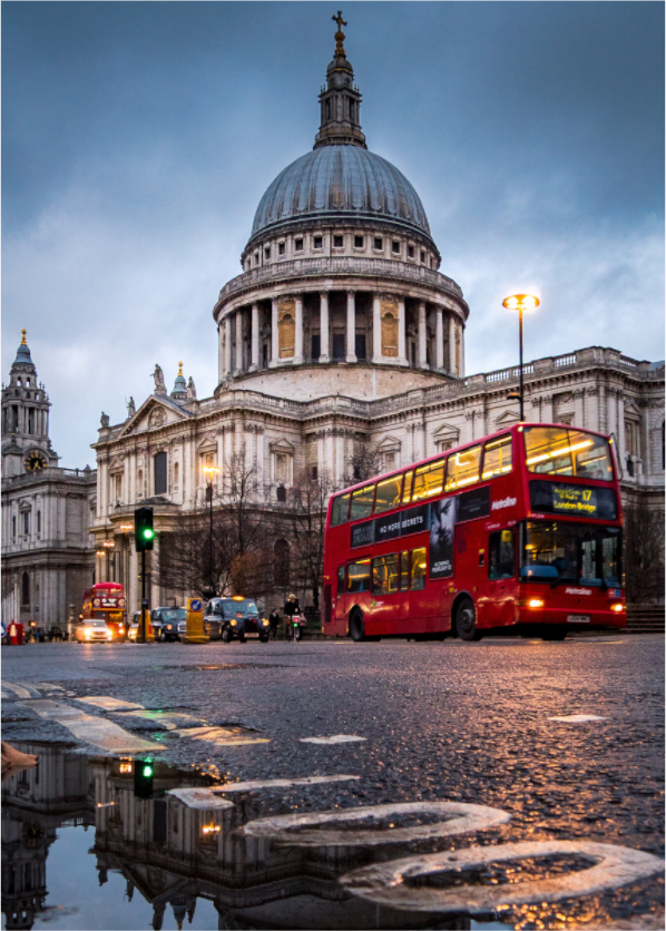Atmospheric London street photography print with St Paul’s Cathedral, dusk colour and a red bus, used to illustrate Fujifilm-style colour and print mood.