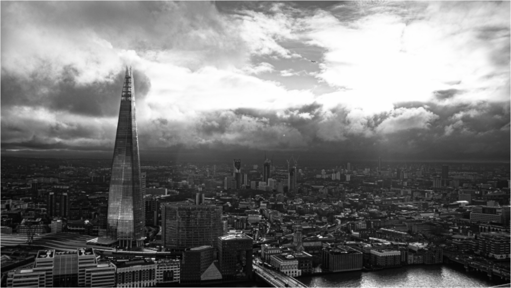 Black and white London skyline photography print used to explain photo prints vs posters for wall art.