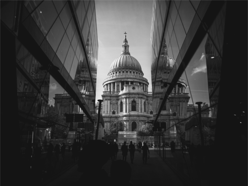 Symmetrical black and white photograph of St Pauls Cathedral used to explain composition in photography wall art
