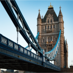 Black and white Tower Bridge architecture print used as an example of photography wall art hung at eye level.