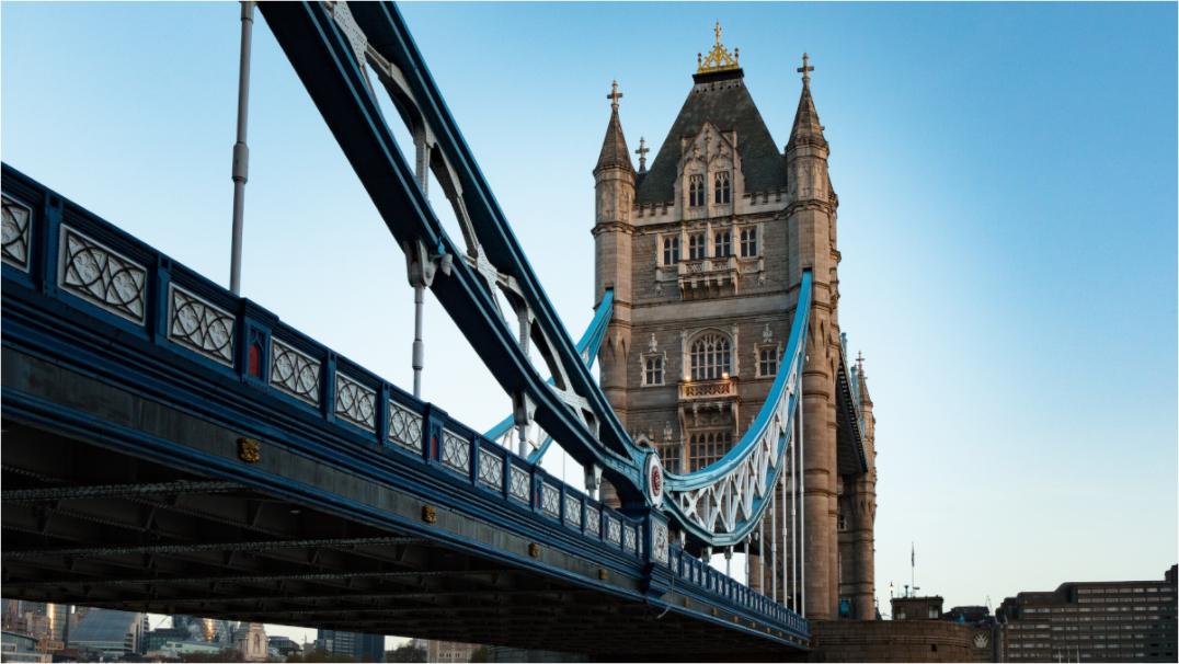 Black and white Tower Bridge architecture print used as an example of photography wall art hung at eye level.