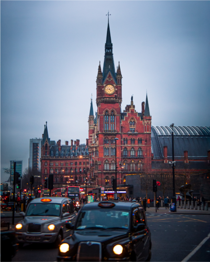 St Pancras London architecture photography print with evening colour and everyday city atmosphere, used to illustrate compact-camera style photography.