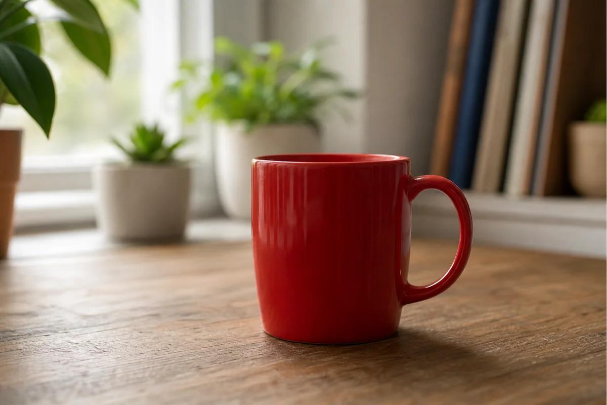 In focus example showing a red mug sharply focused on a wooden table by a window.
