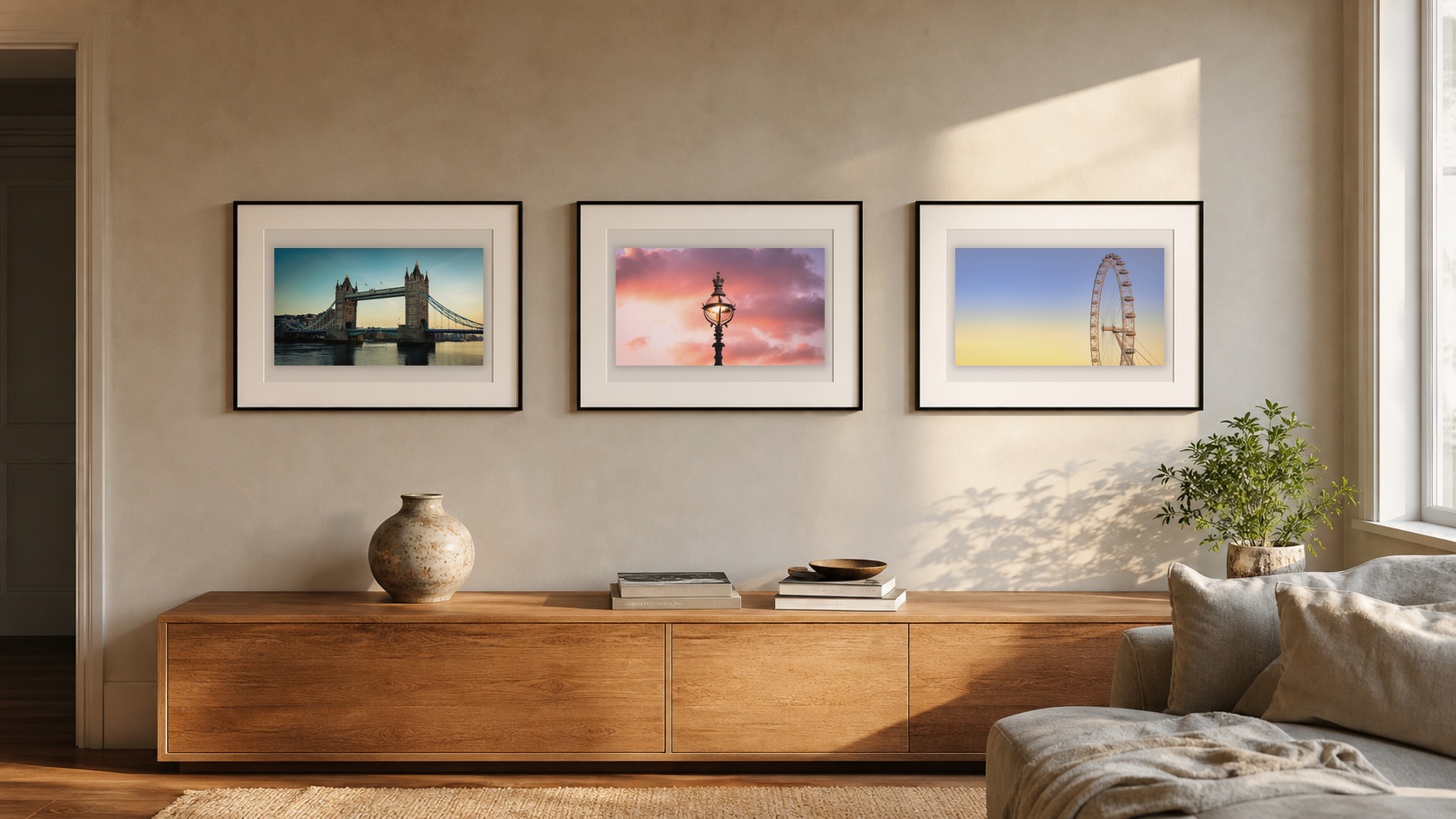 Three framed JPACKA Photography photographs showing Tower Bridge at golden hour, a South Bank lamp at sunset, and the London Eye at twilight.
